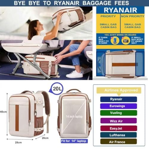 Ryanair Cabin Bag 40x20x25 Underseat 20L Small Travel Bag for Women, Beige — view 2