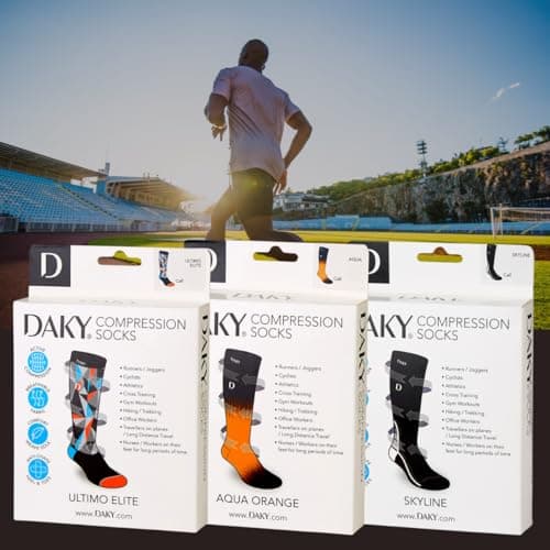 DAKY Compression Socks for Men Women - Athletic, Hiking, Walking, Running, Sports - Travel, Flight, Pregnancy Socks - 3 Pack (UK, Alpha, S, M, Regular, Regular, Elite, Orange, Skyline) — view 2