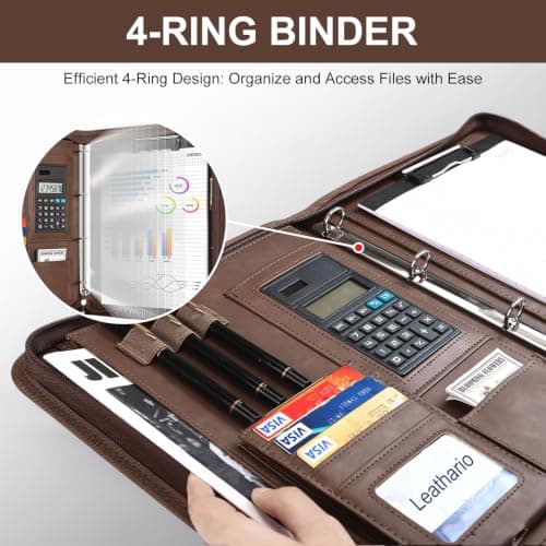 Leathario Portfolio Folder A4, Vegan Leather Conference Folder with Handle, 4-Ring Travel Document Holder with 10 Sheet Protectors, Multi-Pocket Document Folder Organiser, Office Supplies — view 4