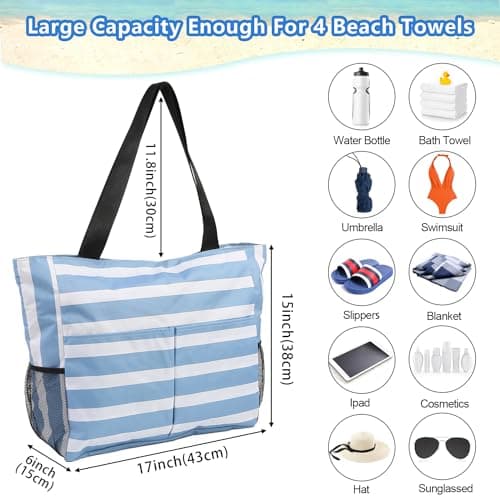 TAHAVICE Beach Tote Bags for Women with Zip, Large Waterproof Beach Bag with Pocket, Summer Beach Bags for Travel, Shopping, Pool, Gym — view 3
