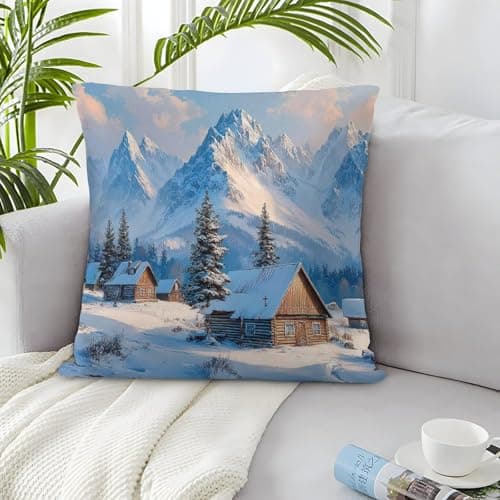 Winter Cabin Scene Organic Cotton Snowy Mountain LandscapePillow Slip Set of 2 Hypoallergenic Kids Toddler Double Bed UK Standard Size Eco-friendly Gift for Her Him 40x40cm — view 4