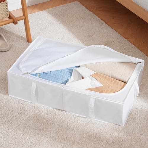 TYEERS Under Bed Storage Box with Lid, Durable Fabric, Washable, Collapsible, Under Bed Storage for Clothes, Blankets, Sheets, Shoes, 70x42x18 cm, 2-Pack, White — view 3