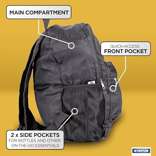 Status Foldable Travel Rucksack, Ultra Lightweight Packable Backpack for Outdoor Activities, Holidays & Day Trips, Black (STFRUCKSACK1PK6) — view 6
