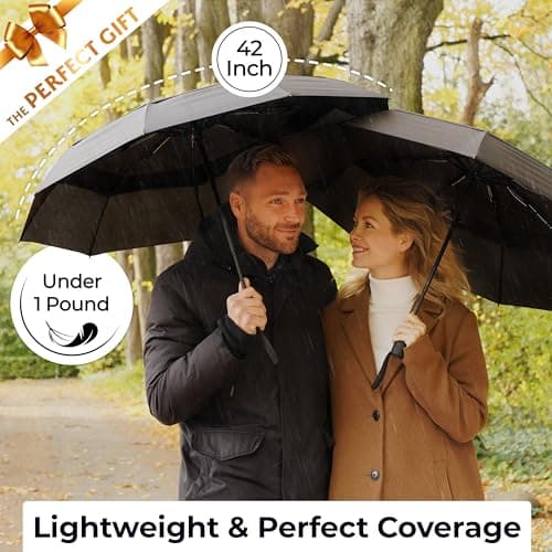 TUMELLA Strongest Windproof Travel Umbrella (Compact, Superior & Beautiful), Small Strong but Light Portable and Automatic Folding Rain Umbrella, Durable Premium Grip, Fits Car & Backpack Triple Black — view 5