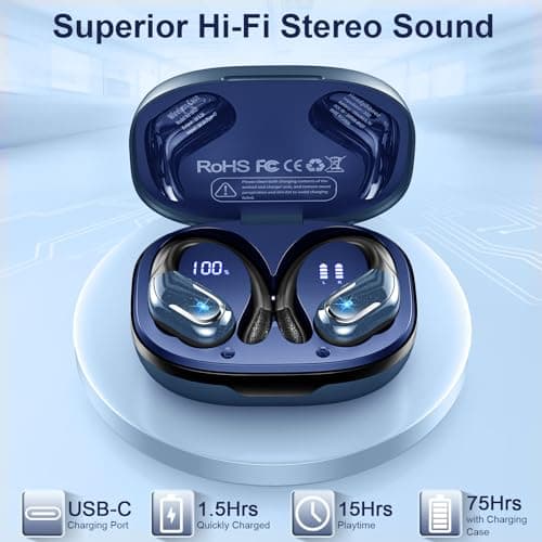 Wireless Earbuds, Ltinist Bluetooth 5.3 Headphones, Wireless Earphones 75H Playtime and HiFi Stereo Sound with Mic, Dual LED Display, IP7 Waterproof in Ear EarHooks, USB-C, Headsets for Sport, Running — view 3