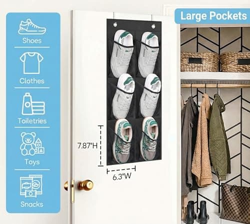 MISSLO 2 Packs Narrow Door Shoe Storage Over Door Organiser Small Hanging Shoe Rack Holder Hanger for Wardrobe with Clear Mesh Pocket for Bathroom, RV, Pantry, Camping (Black) — view 3
