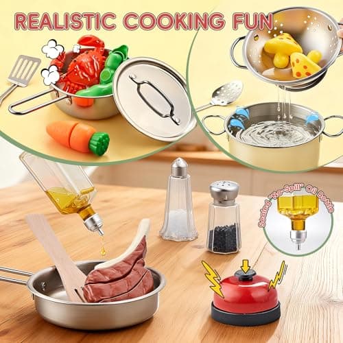 Play Kitchen Accessories, Large Stainless Steel Toddler Cooking Set, Kids Kitchen Playset with Cutting Play Food, Condiments, Chef Apron & Hat, Service Bell, Toy Food with 2 Baskets, Boys Girls Gifts. — view 3
