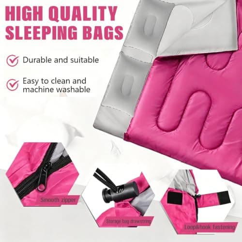 Sleeping Bag, Double Sleeping Bag with 2 Pillows Extra Large 3-4 Season Lightweight, Waterproof Indoor & Outdoor Use for Adults for Hiking, Backpacking and Camping Travel (Rose red Double) — view 4