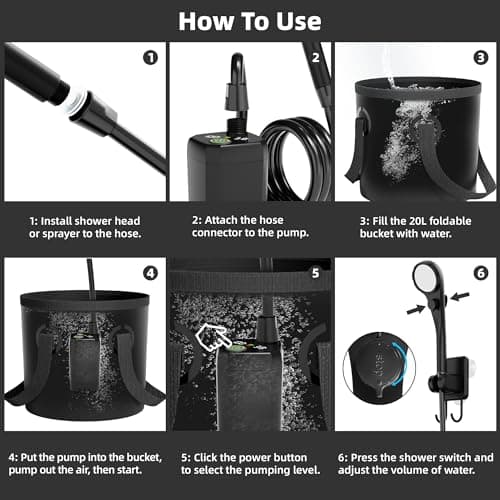 Mytrix Upgraded Portable Camping Shower Full Set, 6000mAh Rechargeable Power Suction Pump with Smart Display, Multi-Modes Spray Head & 5 Gal Water Foldable Bucket for Outdoor Travel Hiking — view 4