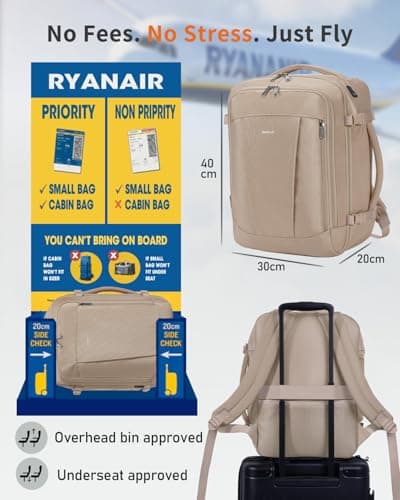 ECOHUB Ryanair Cabin Bags 40x30x20, Underseat Travel Bag with 9 Pockets, Recycled PET Eco Friendly Hand Luggage Backpack, Lightweight Rucksack for Women & Men, Carry on Bag with USB Port, 20L, Brown — view 2