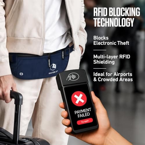 Venture 4TH Travel Money Belt - Slim Passport Holder RFID Blocking Travel Pouch to Protect Cash, Credit Cards and Travel Documents, Navy Blue, One Size, RFID Wallet — view 2