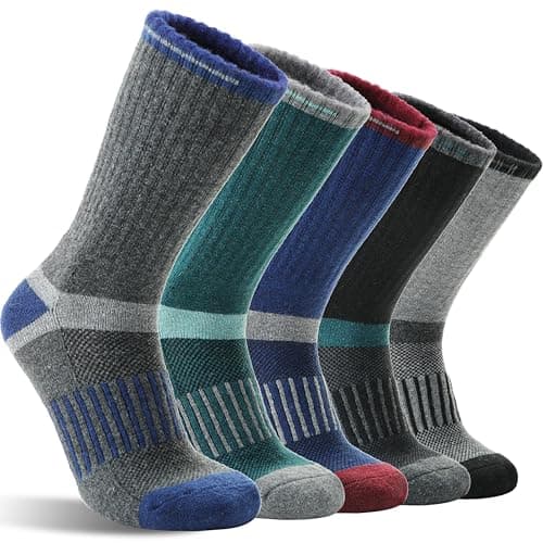 MOGGEI Merino Wool Hiking Socks for Men Thermal Warm Winter Cosy Breathable Cushioned Crew Socks for Walking Trekking Outdoor 5 Pairs, UK Shoe Size 7-11(Dark Pinstripes A)