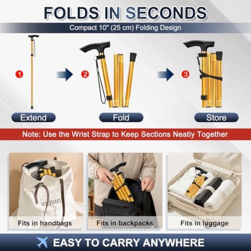supregear Walking Stick - Adjustable Folding Walking Sticks for Women and Men - Lightweight Portable Collapsible Balancing Aid - Foldable Travel Cane for Ladies Elderly Adults, Gold — view 4