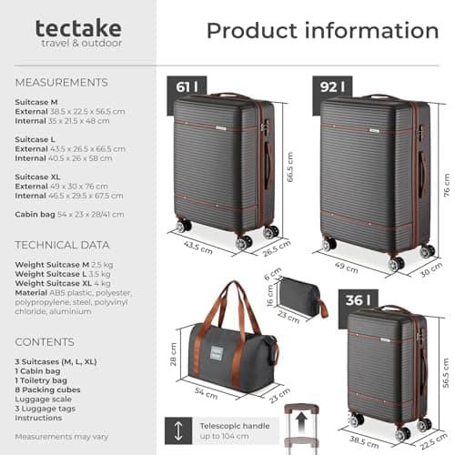 tectake® 13-Piece Suitcase Set, ABS Hard-Shell Luggage Set with Telescopic Handles, TSA Locks, 360° Wheels, Incl. M, L & XL Suitcase, Expandable Travel Bag, Toiletry Bag & 8 Packing Cubes - Anthracite — view 6