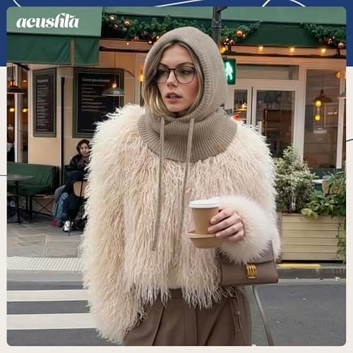 ACUSHLA Merino Wool Balaclava, Hooded Scarf Hat, Warm Winter Knit, Coffee — view 2