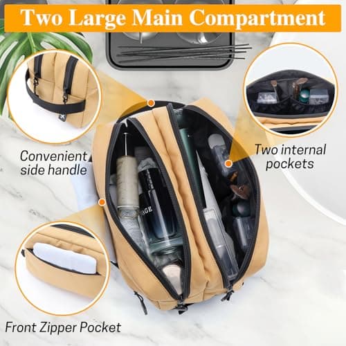 GNEGNI LIFE Toiletry Bag Carry-On Cosmetic Bag – Large Hanging Travel Toiletry Bag with 2 Zippered Main Compartments – Travel Essentials Wash Bag for Men & Women, 26 cm (Khaki) — view 3