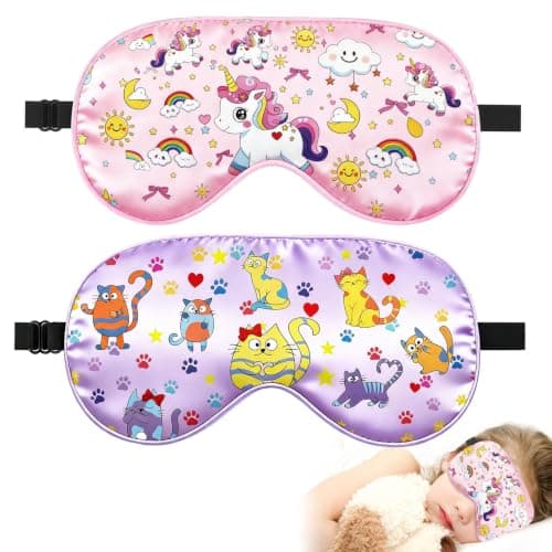 NganSuRong 2 Pack Sleep Mask for Kids Girls,Silk Eye Mask for Sleeping with Adjustable Strap Cute Blindfold Adult Children's Bedtime Eye Cover for Travel Nap Party Supplies (Pink)