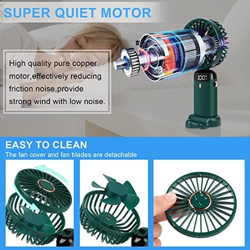 LYMYBETY Portable Handheld Fan, 4000mAh Mini USB Rechargeable Fan with Digital Display, Small Personal Pocket Fans with 5 Speeds, Hand Held Fans with Lanyard and Base for Home Travel (Green) — view 4