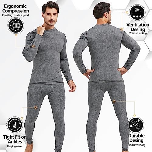 UNIQUEBELLA Men's Thermal Underwear,Home Thermal Underwear Set Men Winter Thermal Clothing Breathable Multifunctional Ski Underwear for Running,Skiing,Football,Cycling-Grey — view 2