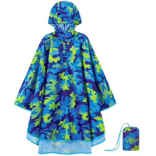 WAWSAM Kids Poncho Waterproof - Camouflage Rain Poncho for Boys - Lightweight Hooded Raincoat with Storage Bag - Portable Rainwear for School & Travel