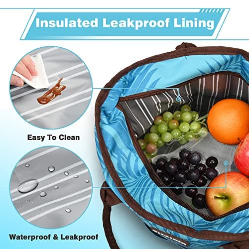 Kato Tirrinia Insulated Lunch Bags for Women, Fashionable Picnic Tote Bag, Leakproof Cooler Bag for Work School Picnic Camping Beach, Blue Leaf — view 3