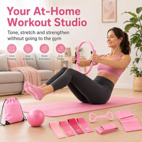 Purecas Home Pilates & Yoga Starter Kit for Women & Beginners | 9 Inch Exercise Ball, Resistance Bands, Pilates Ring, Ankle Straps | Essential Equipment Set for Core Workouts, Stretching — view 3