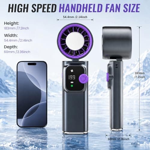 Yaskyly Handheld Turbo Fan with Ice Cooler, 16H Cooling Mini Fans Powerful Portable Fans Up to 90° Foldable Personal Rechargeable Fan 1-199 Speed LED Display for Women Men Outdoor Indoor (Gray) — view 4