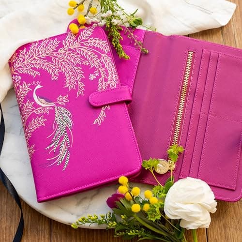 Sara Miller Anniversary Travel Wallet, Pink Peacock Design with Gold Embroidery, Card Slots and Zip Pocket — view 6