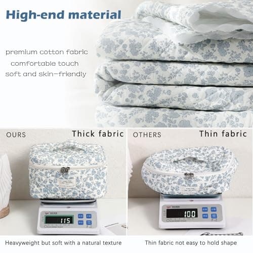 uekeboag Large Travel Quilted Makeup Bag for Women, Cotton Floral Cosmetic Bag, Coquette Aesthetic Toiletry Organizer Bag, Light Blue-Flower — view 5