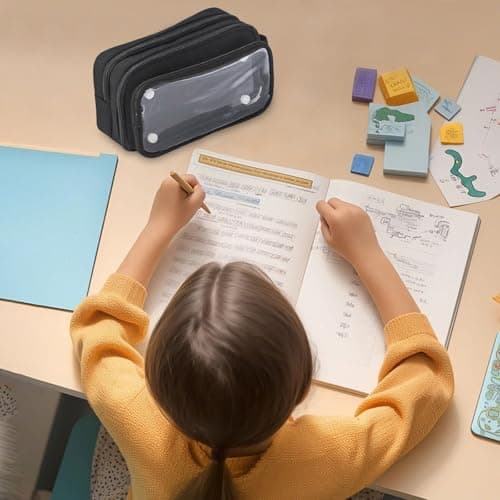 Pencil Case with 3 Compartments, Large Capacity School Pencil Case Stationery Organizer Pouch Waterproof Clear Makeup Bag Aesthetic Pen Bag for Girls Boys Teens Travel Office Supplies (Black) — view 3