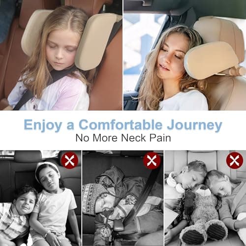 C COMCROSFLY Car Headrest Pillow, Adjustable Head Rest Pillow for Car Seat, Head Neck Support for Kids Adults Travel Sleeping, Fit for Headrest with Poles (Beige) — view 4