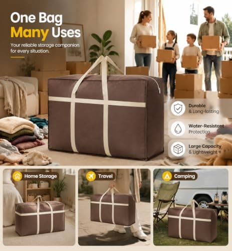 3 Pack 60L Heavy Duty Moving Storage Bags, Reinforced Handles Hold 60kg, Waterproof Storage Sacks with Strong Dual Zips, Foldable Organiser Moving Bags for Clothes, Bedding, House Moving (Brown) — view 6