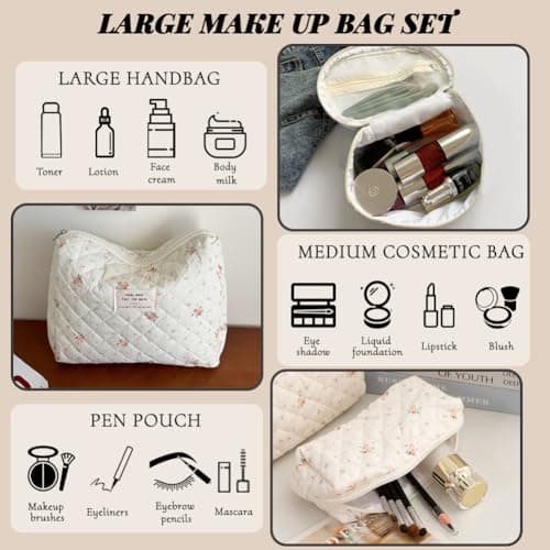 Aucuu 3PCS Coquette Makeup Bag, Quilted Makeup Bag for Women, Floral Cotton Cosmetic Bag Set, Large Capacity Aesthetic Floral Toiletry Bag, Travel Toiletry Bag, Wash Organizer Pouch for Women Girls — view 3