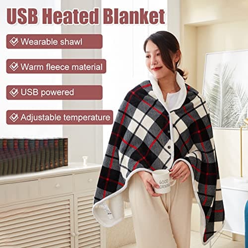 Woolala USB Plaid Electric Heated Shawl Blanket, Fleece Wearable Heated Blanket Comfy Poncho Wrap for Home, Office, Outdoor, Travel Use, 3 Temperature Settings & Timer (55 * 31.5in) — view 6