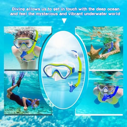 Snorkeling Gear for Kids with Foldable Silicone Full Dry Snorkel, Kids Snorkel Set Anti Leak Youth Junior Snorkeling Package Diving Mask Soft Tube with Mesh Bag Swimming Goggles, Yellow+Blue — view 4