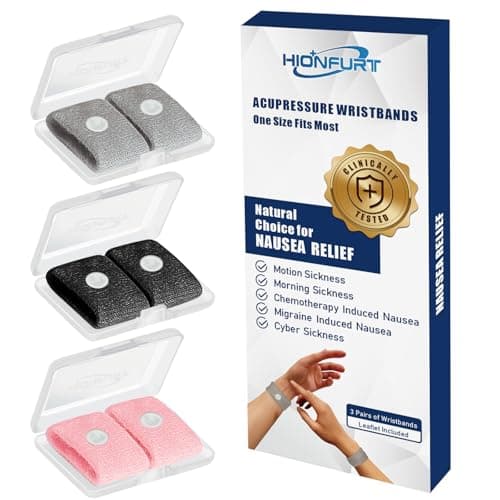 Hionfurt Travel Sickness Bands for Adults and Kids Motion Sickness Wristbands for Car and Sea Sickness Anti Nausea and Pregnancy Morning Sickness Relief Acupressure Bands - 3 Pairs Grey, Black, Pink