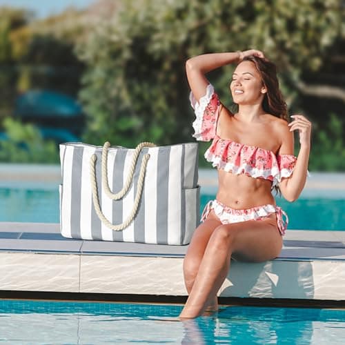oscaurt Large Beach Bag Stripe Tote Bags for Women Waterproof Shoulder Shopping Handbags with Zip Holiday Travel Essentials for Pool Gym Picnic — view 5