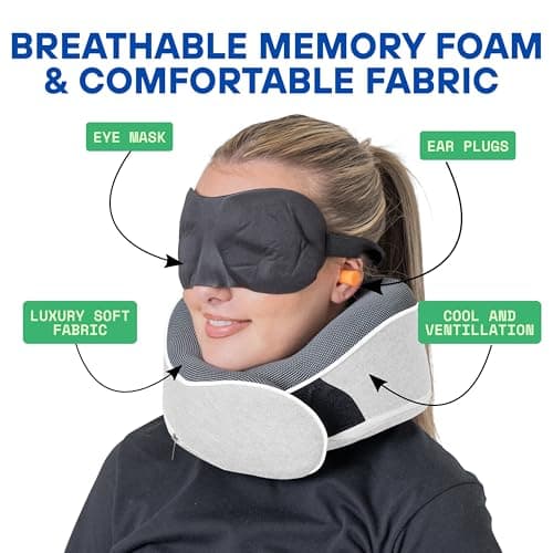 Relaxd Travel Pillow for Adults | Adjustable Memory Foam Neck Pillow for Travel | 360 Degree Neck Support | Removable Pillow Case | Includes Eye Mask, Earplugs, Travel Bag | Light Grey | UK Brand — view 6