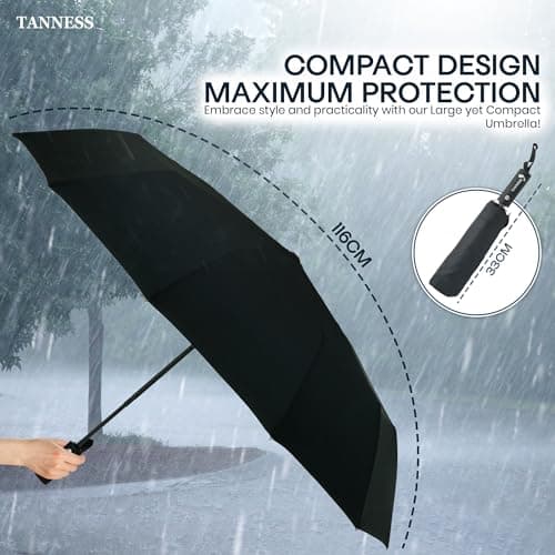 TANNESS Windproof Travel Umbrellas for Women and Men | 12 Rib - Automatic Folding Lightweight Compact Umbrella for Rain and Sun Protection | Ideal as Beach Umbrella and Patio | (Black) — view 3