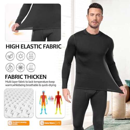 UNIQUEBELLA Mens Thermal Underwear Long Sleeve Tops Thermal Base Layer Bottom Fleece Lined Quick Drying, Black Tops, S — view 4