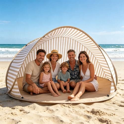 Pop-up Beach Tent for 3-4 People, 120x100cm Beach Shelter with 50+ UV Protection, Portable Automatic Wind Protection, Throw Tent for Family, Camping, Garden, Beaches (Brown_185X85cm)