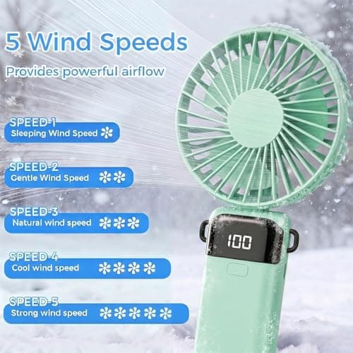CNMTCCO Handheld Fan, Rechargeable Portable Fan with LED Display, 5 Speeds Mini Fan 90-Degree Foldable Hand Fan, USB Desk Fan for Home Office Bedroom Outdoor Travel (Green) — view 2