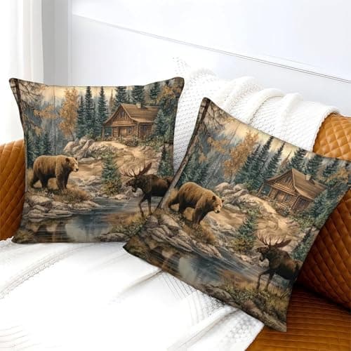 QFVANSIYO Wildlife Scene Organic Cotton Forest Cabin StylePillow Slip Set of 2 Hypoallergenic for Kids Toddler Double Bed UK Standard Size Ultra Soft Easy Care Gift for Her Him 45x45cm — view 3