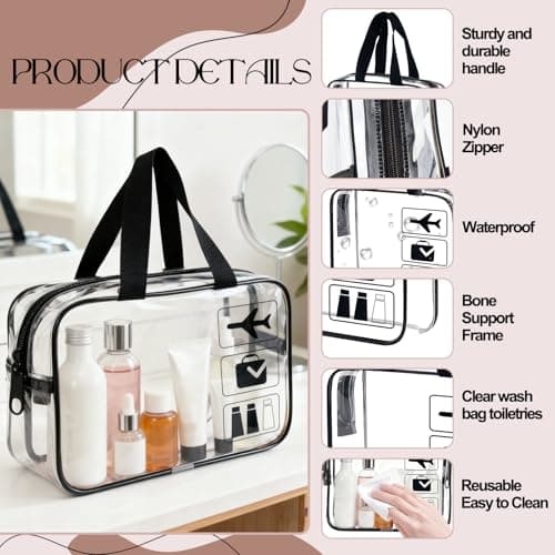 Clear Travel Toiletry Bags with Handles Travel Wash Bag Travel Bag Airport Security Carry On Liquid Bag Cosmetic Pouch Shower Bag Transparent Toiletries Bags (Black) — view 3