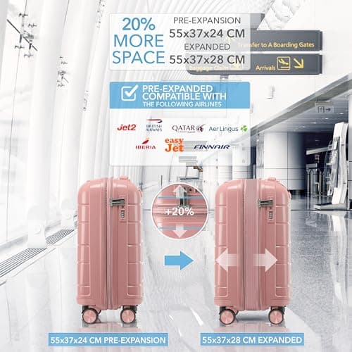 CRUW Hand Luggage 22" Expandable Lightweight Cabin Bag TSA Approved Lock, Silent Wheels Durable Polypropylene Luggage Suitcase Fits 56x45x25cm Overhead Carry On Limit for easyJet, BA & Jet2. — view 5