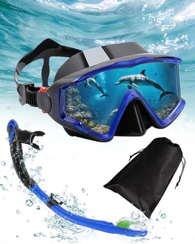 Lorrtta Snorkelling Set Adults with Dry Snorkel, 180° Wide View Anti-Fog Diving Mask, Lightweight Snorkel and Mask Set for Swimming & Travel – Black Blue