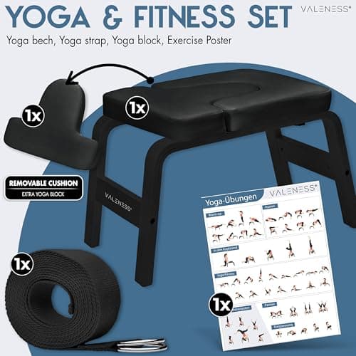 VALENESS® Yoga Headstand Stool - Premium Quality Yoga Stool Including Yoga Strap, Yoga Block & Exercise Poster - Yoga Chair for Handstand Exercise Made of Solid Natural Wood (Black Edition) — view 3