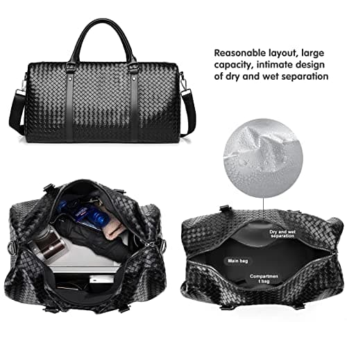 Leather Travel Duffle Bag for Men, Woven Carry On Weekender Overnight Bags for Business Sports Gym Black — view 3