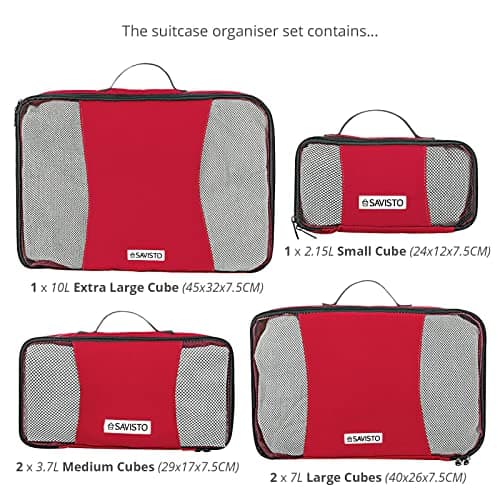 Savisto Packing Cubes 6 Piece Set, Durable & Lightweight Travel Essentials for Suitcases - Includes 1 XL, 2 L, 2 M, 1 S - Available in 8 Stylish Colours - Red — view 6