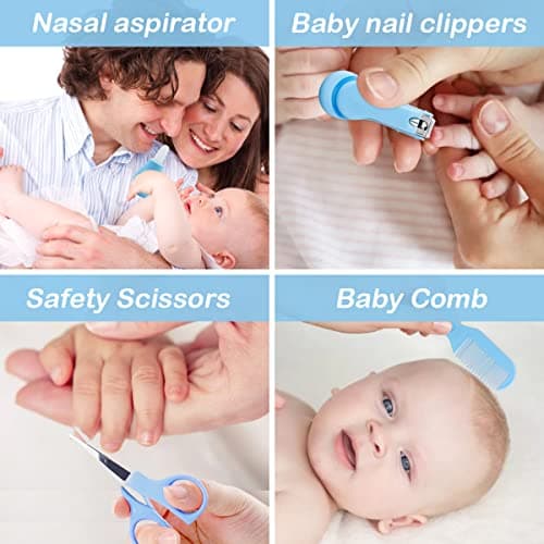VicBou 8pcs Baby Grooming kit, Newborn Baby Care Accessories with Zipper Box, Baby Hair Nail Thermometer Care Set, Baby Healthcare Set for Newborn Infant, Toddler Girls & Boys (Blue) — view 4
